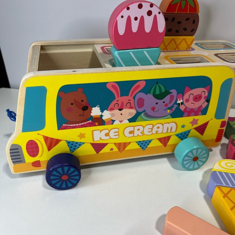Colorful Wooden Ice Cream Truck Pull Toy with Magnetic Ice Cream blocks - Picture 6 of 12